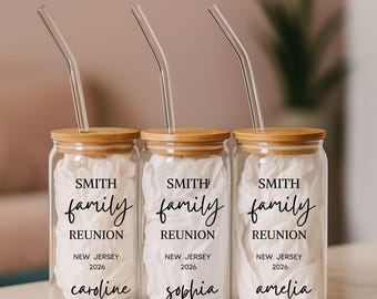 Personalized Family Reunion Tumbler with Lid and Straw, Custom Glass Cup with Name, Family Vacation Keepsake, Group Trip Gift