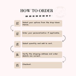 May include: A beige graphic with the text "HOW TO ORDER" and numbered steps. The steps include selecting options, entering personalization, selecting quantity, verifying the address, and checking out. A logo is in the upper right corner.