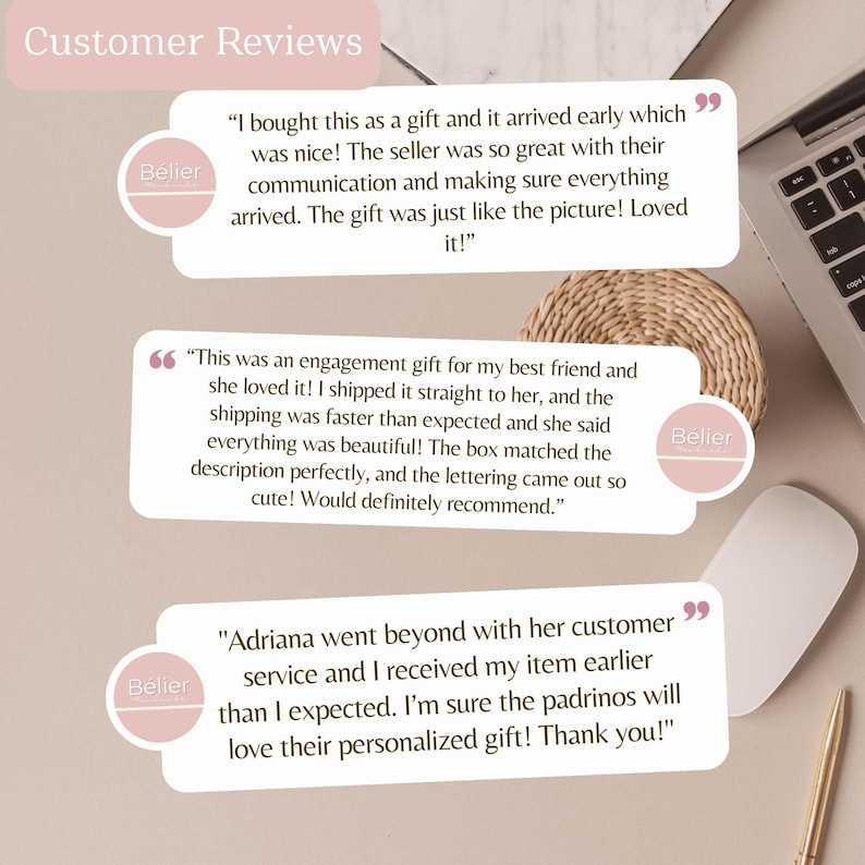 May include: A top-down view of a laptop, mouse, and pen on a light-colored surface. The image features customer reviews in speech bubbles with the name "B&eacute;lier" and quotes about gifts and customer service.