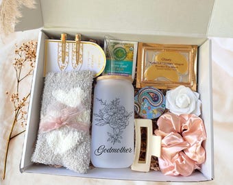 Godmother Proposal Gift Box with Personalized Birth Flower Tumbler, Self-Care Box