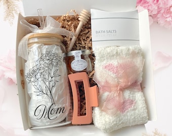 Self care Gift for Mom with Personalized birth flower tumbler, Cozy Socks and Spa Essentials