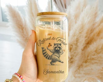 Personalized Retirement Gift, Retired & Feral Glass Can, Funny Retirement Cup, Coworker Retirement Gift for her, Custom Glass Tumbler