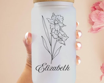 Personalized Birth Flower Tumbler with lid and straw, Custom Name Birthday Gift for Her, Mothers Day gift