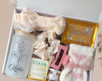 Personalized Birth Month Flower Gift Box Set with Custom Name Tumbler and Spa Essentials