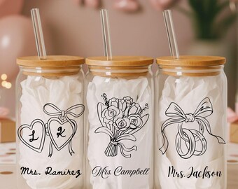 Personalized Custom Mrs Glass Tumbler with Lid and Straw, Engagement Gift for Bride