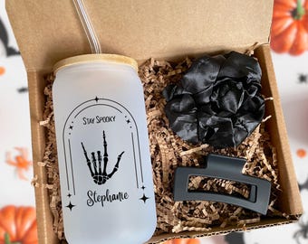 Personalized Boo Basket, Spooky Gift Box, Halloween Gift for Her, Stay Spooky Glass Can Cup, Fall Birthday Gift Box, Halloween Tumbler