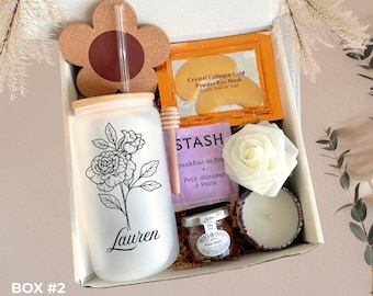 Self care box with Personalized birth flower tumbler and Spa essentials
