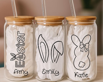 Personalized Easter Glass Tumbler, Custom Name Easter Cup, Cute Rabbit Iced Coffee Glass, Spring Drinkware