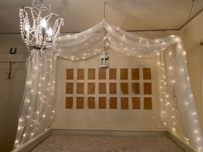 May include: A white canopy bed with a white sheer curtain and string lights. The bed is decorated with a white lantern and a crystal chandelier. There are 20 small, rectangular, brown paper frames on the wall behind the bed.