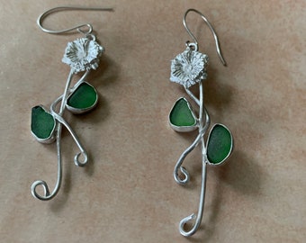 Green Sea Glass Sterling Silver Flower Earrings