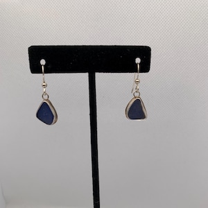 Genuine Cobalt Blue Sea Glass and Sterling Silver Drop Earrings
