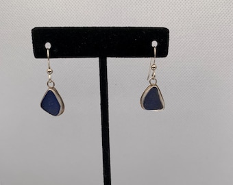 Genuine Cobalt Blue Sea Glass and Sterling Silver Drop Earrings