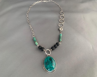 Turquoise and Lava Sterling Silver Necklace