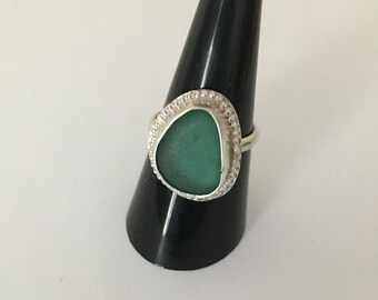 Genuine Teal Sea Glass Silver Ring