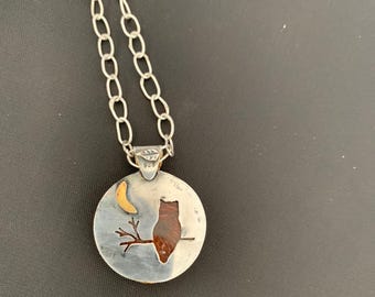Observation and Independence-Owl with Crescent Moon Brecciated Jasper Pendant