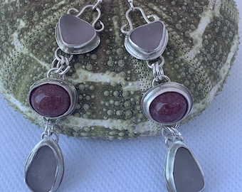 Genuine Lavender Sea Glass with Lepidolite and Sterling Silver Earrings