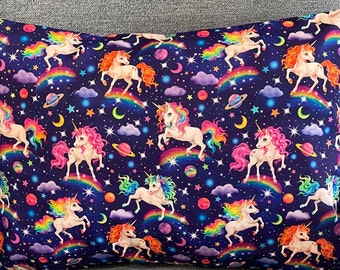 Whimsical Fairies, Unicorns, Rainbows and other VERY CUTE fabric. Envelope-Style Pillowcase, 14" x 20" Travel/Child Size. Case Only