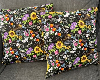 Set of 2, Mixed Flowers and Sayings Envelope-Style Decorative Pillow Covers. Fits 16" x 16"  (Form NOT  Included)