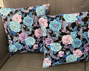 Set of 2 Blue and Purple Flowered Pillow Covers, Envelope-Style to fit 16" x 16"  (Form NOT Included)
