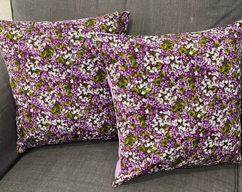 Set of 2, Purple and White Flower Pillow Covers, Envelope-Style 16"x 16"