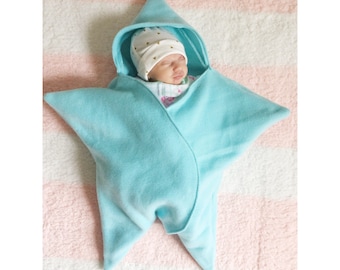 Fleece Baby Starfish Snuggle Sack: Hooded Swaddle Blanket