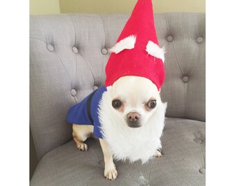 Dog Gnome Costume, Blue Flannel, Red Felt Hat, White Fur Beard