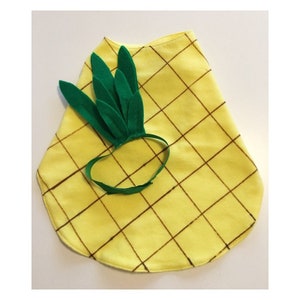 May include: A yellow felt pineapple costume with a green felt crown. The costume is designed for a child and has a brown grid pattern.