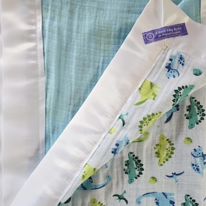 Custom Muslin Baby Blanket: Satin Trimmed Bedding (32” x 42”) image 8