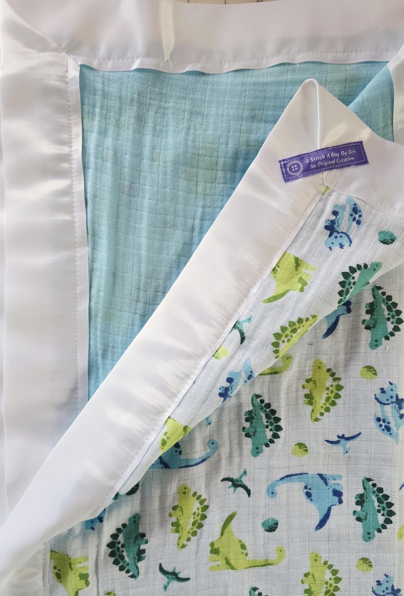 Custom Muslin Baby Blanket: Satin Trimmed Bedding (32” x 42”) image 8