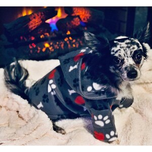 May include: A small, black and white chihuahua wearing a gray hooded fleece dog sweater with paw prints and red hearts. The sweater has a bone pattern on the hood.