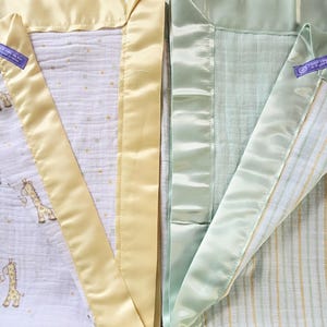 Custom Muslin Baby Blanket: Satin Trimmed Bedding (32” x 42”) image 9