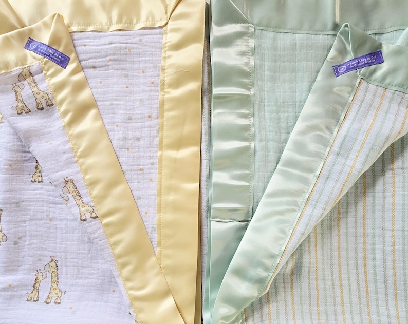 Custom Muslin Baby Blanket: Satin Trimmed Bedding (32” x 42”) image 9