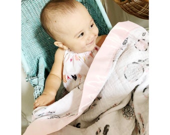 Custom Muslin Baby Blanket: Satin Trimmed Bedding (32” x 42”)