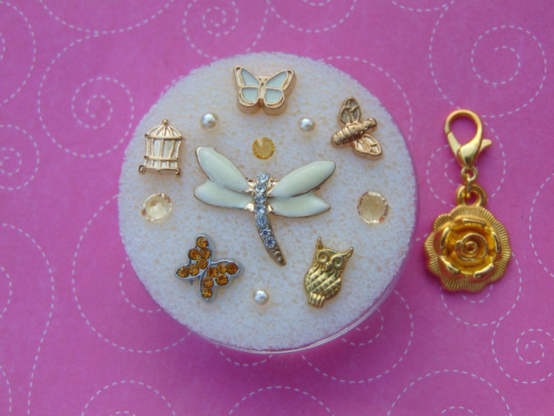 Includes Dragonfly Bee /& Birdhouse Butterflies Owl Free Gift with Purchase. Cream and Gold Dragonfly 13 Piece Floating Charm Set