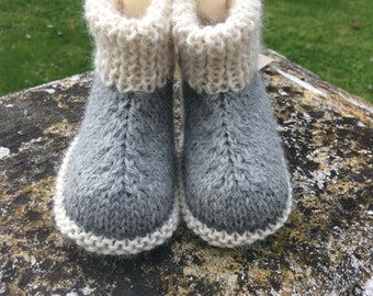 Cashmere, baby alpaca and silk hand knitted baby boots in five colour combinations, three sizes. Beautifully soft and warm, UK made..