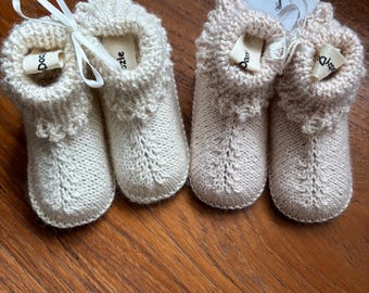 Baby alpaca silk hand knit baby boots, blush pink or cream with picot edging.