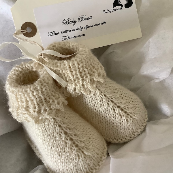 Baby alpaca and silk pretty cream baby boots with picot edging. Hand knitted in soft natural yarn, three sizes, beautiful packaging.