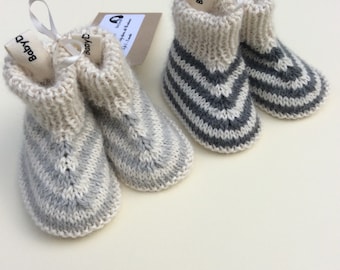 Cashmere, baby alpaca and silk baby boots. Super-soft and snuggly warm,  hand knitted in England, cream with choice of three colour stripes.