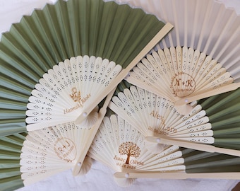 Abanicos de mano personalizados de tela verde oliva con nombre, abanicos de bambú personalizados con texto grabado, abanicos con monograma para bodas, eventos especiales y fiestas.