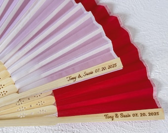 Abanicos de tela verde oliva personalizados, abanicos de bambú con texto personalizado grabado, abanicos de boda con monograma, regalos para eventos especiales y fiestas con nombre.