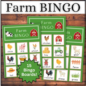 May include: A set of 15 green and red bingo cards with farm animal and farm-related images. The cards feature images of a chicken, barn, chick, pig, wheat, hay, tractor, goat, rooster, hat, windmill, fence, sheep, and grass. The text "Farm Bingo" is printed on the top of each card.