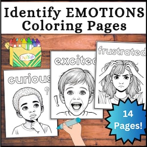 14 hojas para colorear para identificar emociones y sentimientos, preescolar, jardín de infantes, autismo, aprendizaje socioemocional, actividades para niños en edad preescolar y necesidades especiales