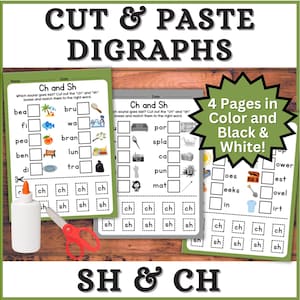 4 Sh and Ch Digraphs Worksheets, Printable Spelling Kindergarten 1st Grade Consonant Blends, ESL, EFL Homeschool Phonics Phonograms ELA