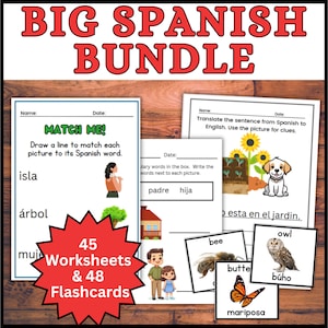 45 Spanish Language Worksheets, 48 Spanish Animal Flashcards Bilingual Homeschool Learn Spanish Vocabulary Flash Cards tarjetas de animales