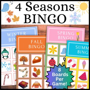 4 Seasons Bingo Games Fall Winter Spring Summer Small Groups Center Printable Games for Kids Kindergarten Preschool PreK 8 Boards per game