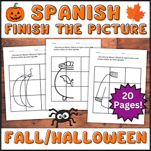 May include: A set of Halloween-themed activity pages in Spanish, featuring line drawings to complete. The title "SPANISH FINISH THE PICTURE" is displayed above the pages, with a pumpkin and leaf graphic. The image includes the text "20 Pages!" and "FALL/HALLOWEEN".