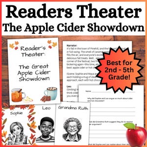 May include: A colorful educational resource titled "Readers Theater: The Apple Cider Showdown." The image features text, illustrations, and character portraits. It includes a red apple and is labeled "Best for 2nd - 5th Grade!"