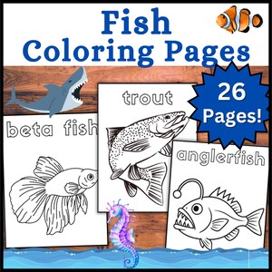 Op de afbeelding: Vis kleurplaten met de tekst "Fish Coloring Pages" en "26 Pages!". De pagina's bevatten illustraties van verschillende vissen, waaronder een haai, betta vis, forel en zeeduivel. Een zeepaardje en een clownvis zijn ook aanwezig.