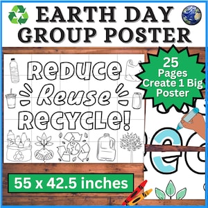 Könnte beinhalten: Erdtag-Gruppenposter mit den Worten "Reduce, Reuse, Recycle!" und Illustrationen zum Thema Recycling. Das Poster misst 140 x 108 cm und besteht aus 25 Seiten, um ein großes Poster zu erstellen.