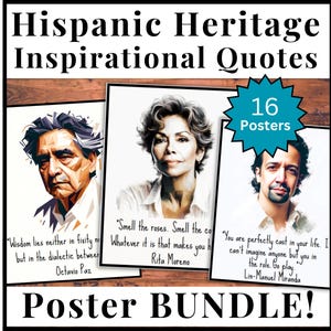 16 Hispanic Heritage Month Posters, Inspirational Quotes Bulletin Board, Wall Decor Portraits, Famous Hispanic Figures, Back to School Class
